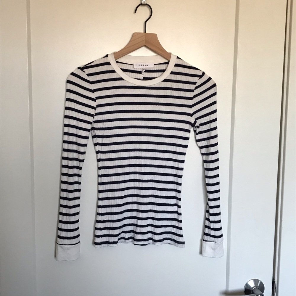 FRAME Ribbed Navy & White Striped Long Sleeve Tee